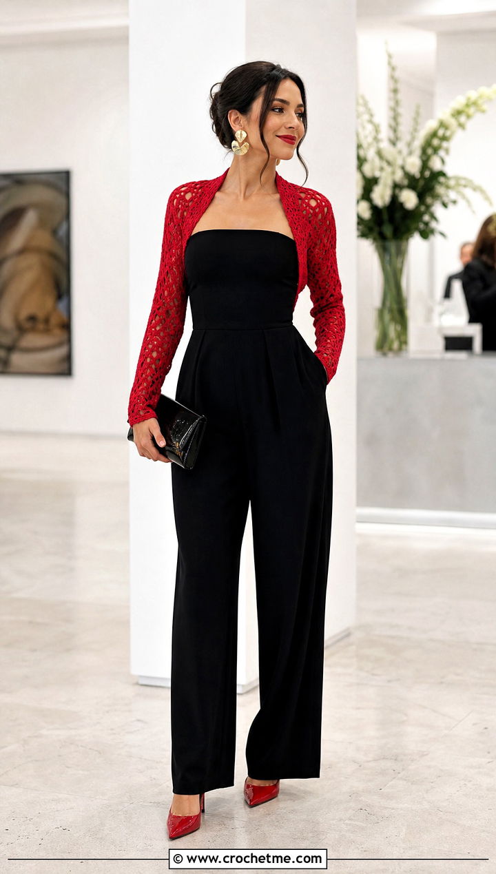 Red Crochet Bolero With Strapless Jumpsuit - 20 red crochet clothing and outfit ideas