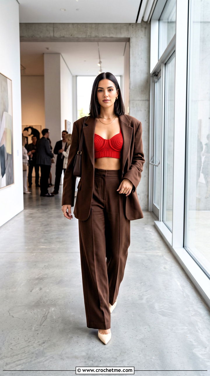 Red Crochet Bralette Crop Top With Oversized Suit - 25 Red Crochet Crop Top outfit ideas