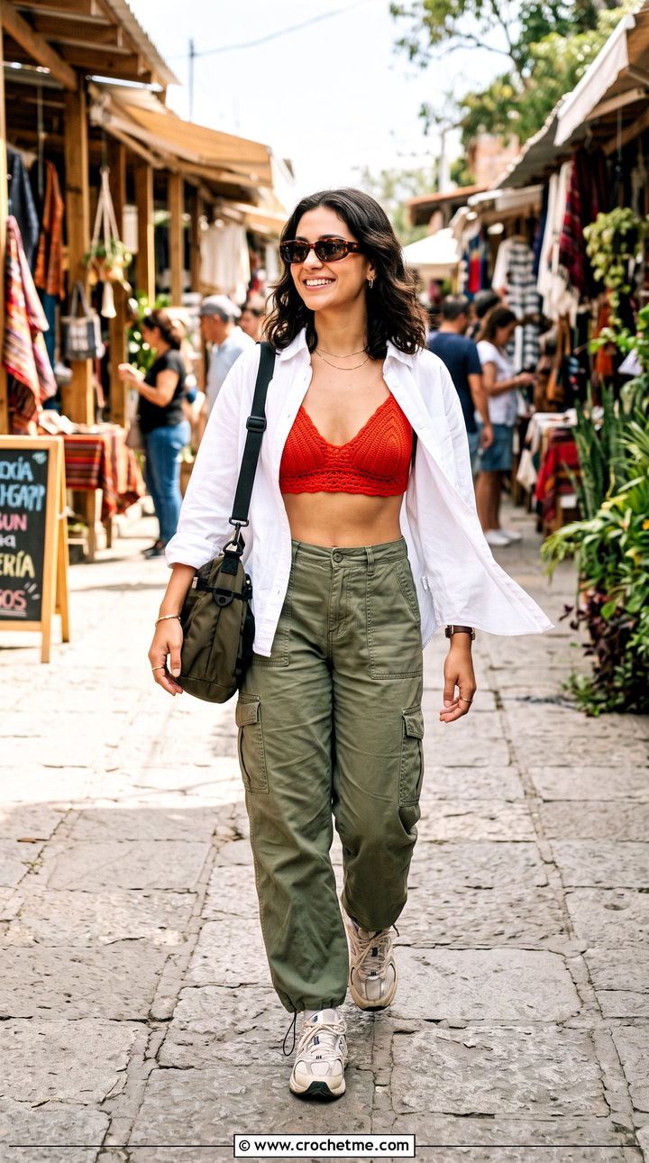 Red Crochet Bralette Top With Cargo Pants - 35 Red Crochet Top outfit ideas