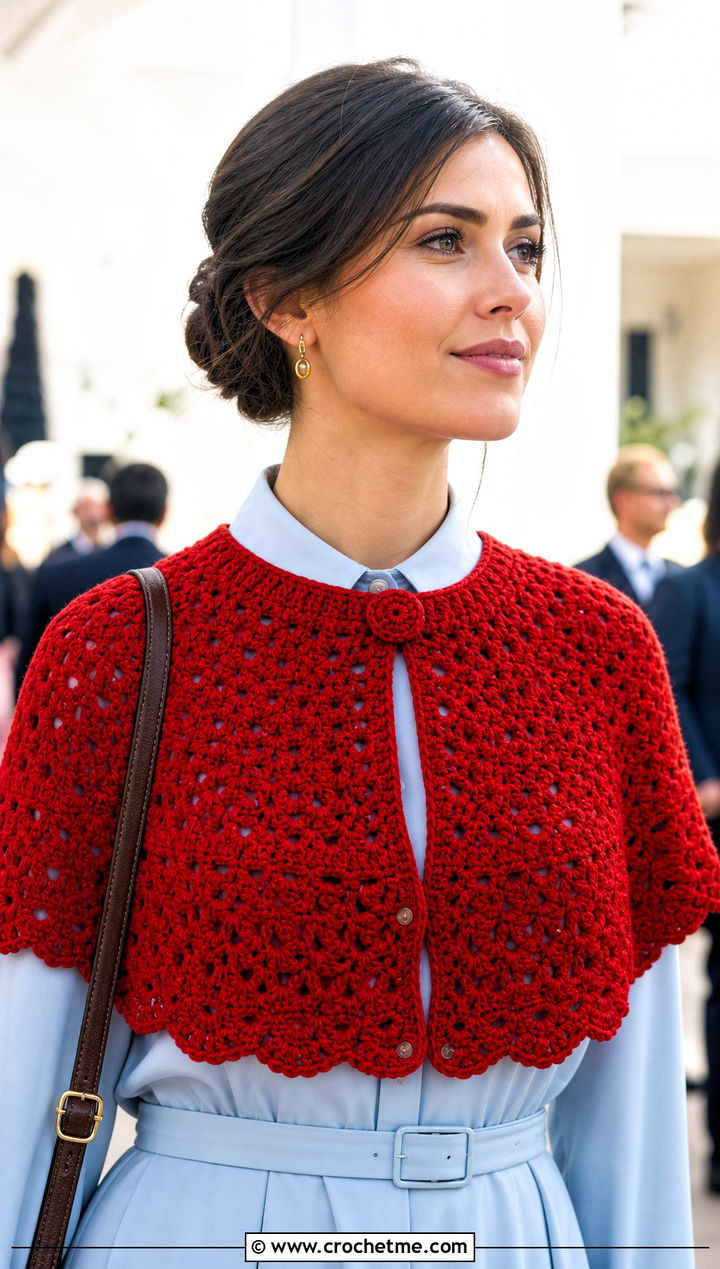 Red Crochet Capelet Shawl With Shirt Dress - 15 Red Crocheted Shawl On Hanger outfit ideas