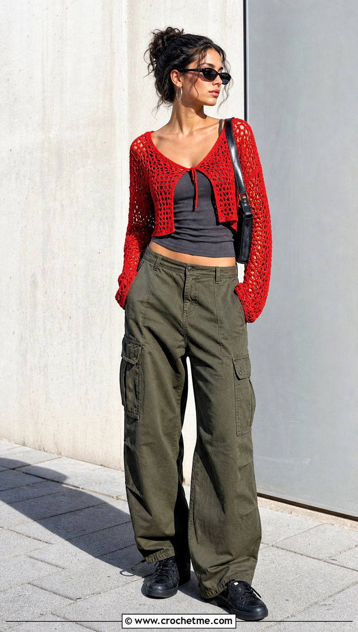 Red Crochet Cardigan Cover Up With Cargo Pants - 25 red crochet cover up outfit ideas