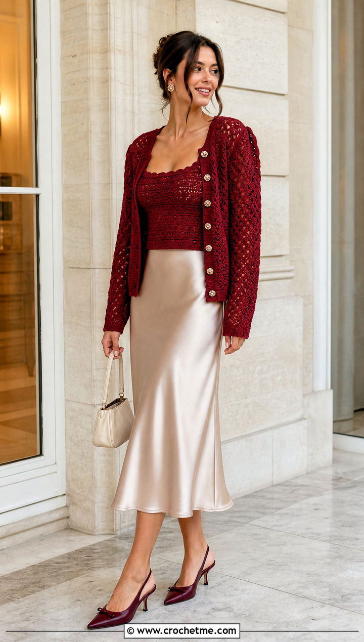 Red Crochet Cardigan With Satin Slip Skirt - 20 red crochet clothing and outfit ideas