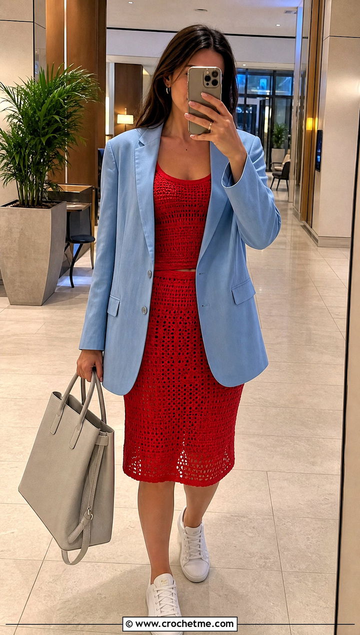 Red Crochet Co Ord Set With Oversized Blazer - 15 red crochet clothing design outfit ideas