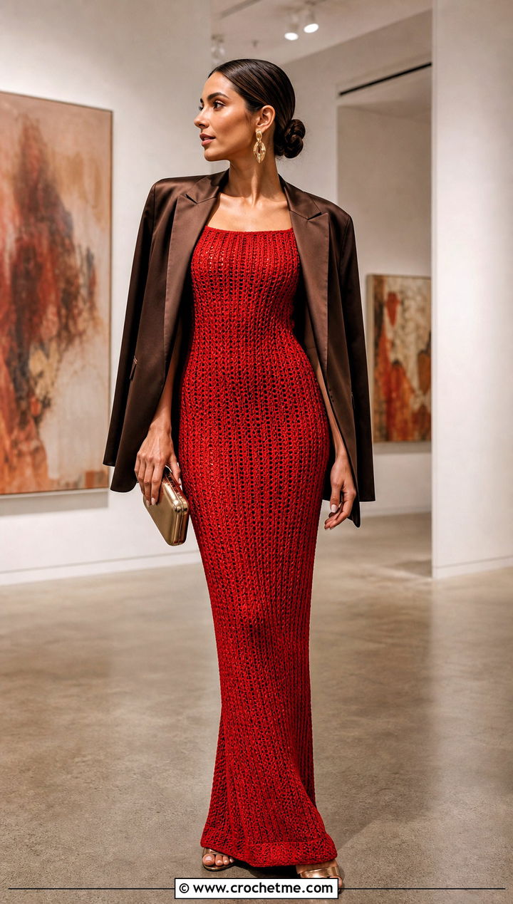 Red Crochet Column Dress With Satin Blazer - 15 Crochet Red Dress outfit ideas