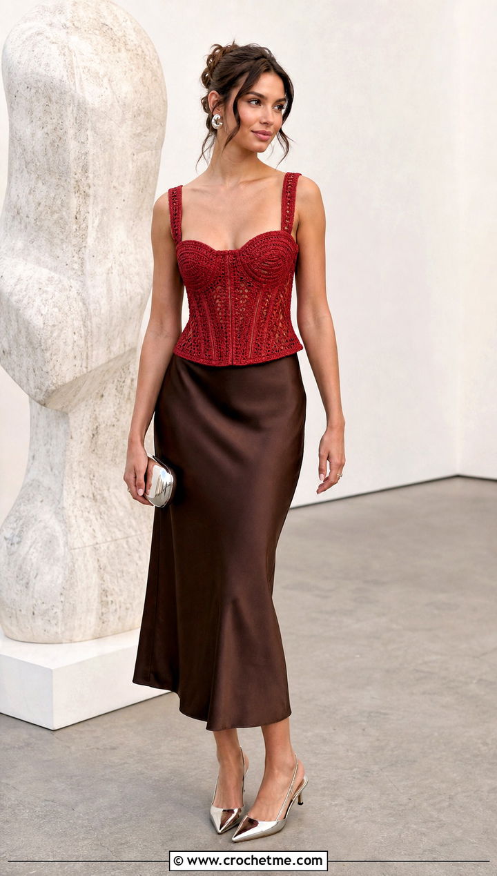 Red Crochet Corset Top With Satin Midi Skirt - 15 handmade red crochet top outfit ideas