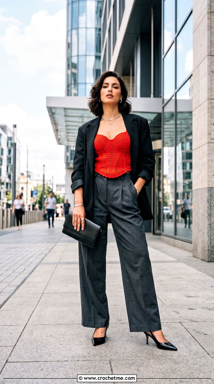 Red Crochet Corset Top With Tailored Trousers - 35 Red Crochet Top outfit ideas