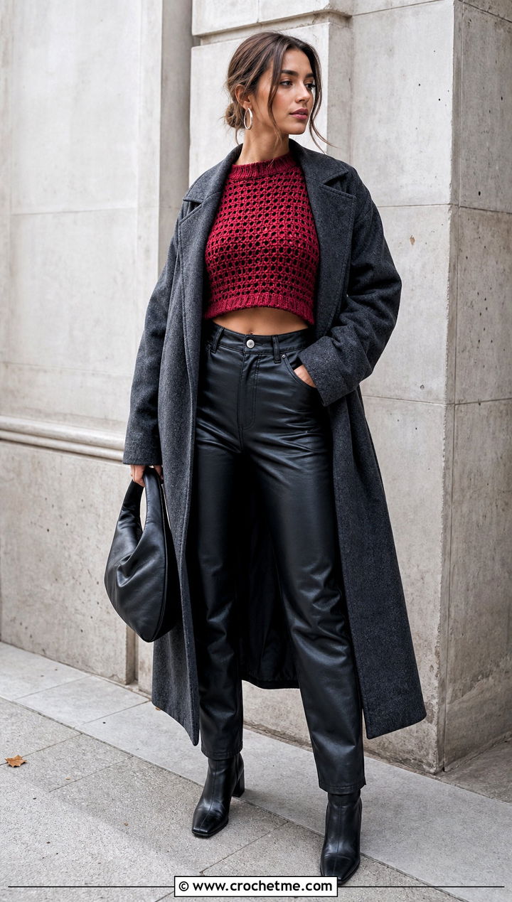 Red Crochet Cropped Sweater With Leather Pants - 20 red crochet clothing and outfit ideas