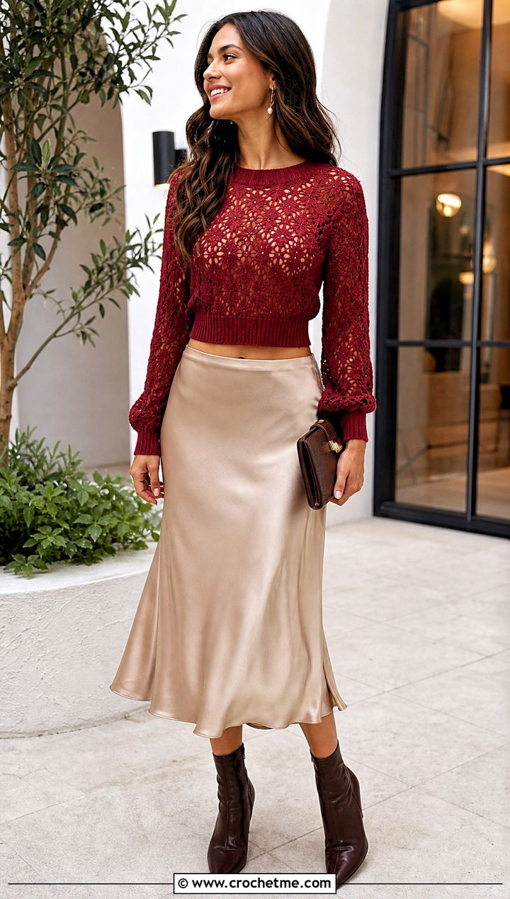 Red Crochet Cropped Sweater With Satin Midi Skirt - 15 red crochet clothing design outfit ideas