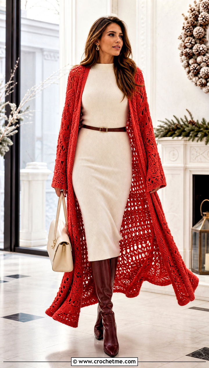 Red Crochet Duster Cardigan With White Knit Dress - 15 Red And White Crochet Holiday Outfit ideas