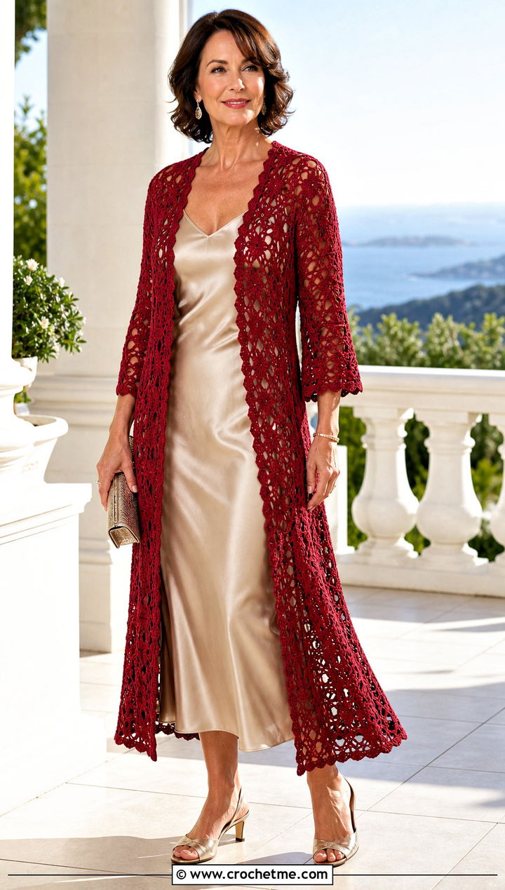 Red Crochet Duster Cover Up With Satin Slip Dress - 25 red crochet cover up outfit ideas