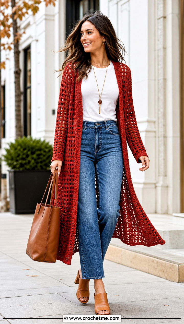 Red Crochet Duster With T Shirt And Jeans - 20 red crochet clothing and outfit ideas