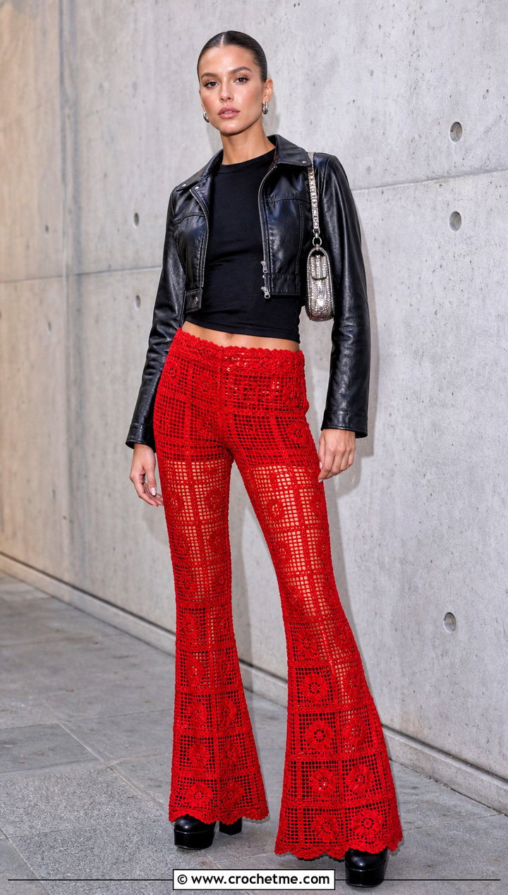 Red Crochet Flared Pants With Leather Jacket - 15 red crochet clothing design outfit ideas