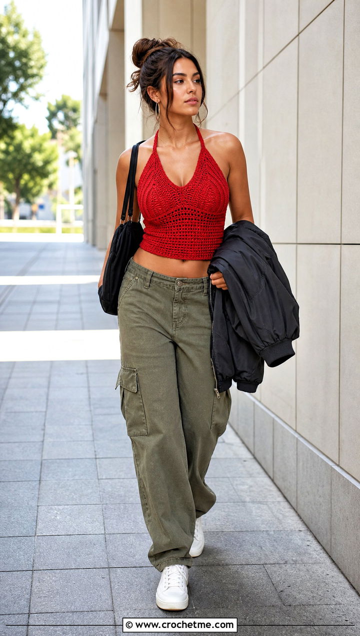 Red Crochet Halter Top With Cargo Pants - 15 red crochet clothing design outfit ideas