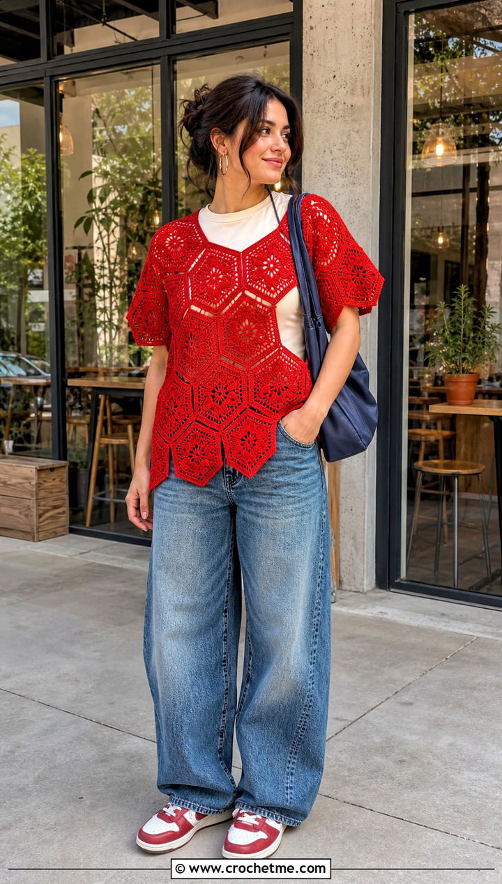 Red Crochet Hexagon Cover Up With Barrel Jeans - 25 red crochet cover up outfit ideas