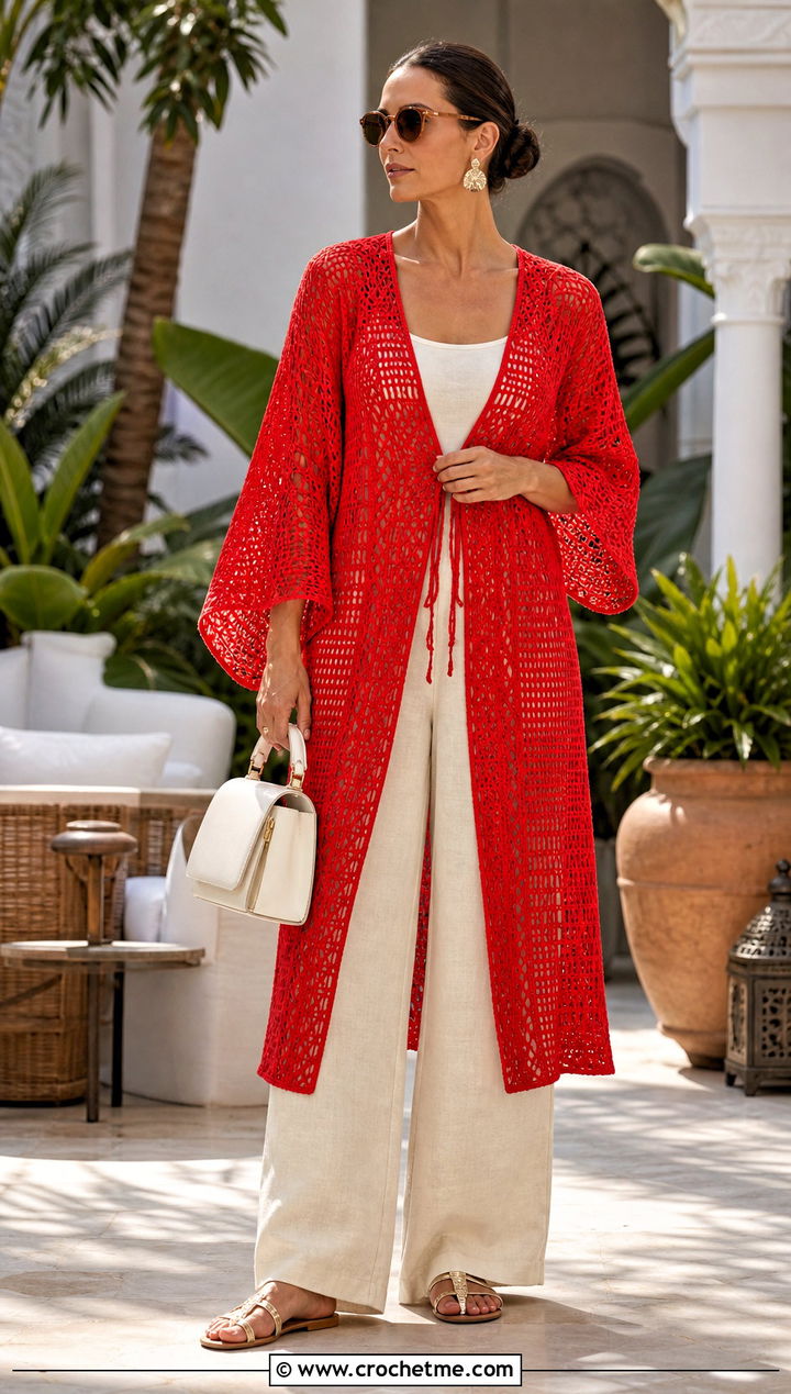 Red Crochet Kaftan Cover Up With Wide Leg Pants - 25 red crochet cover up outfit ideas