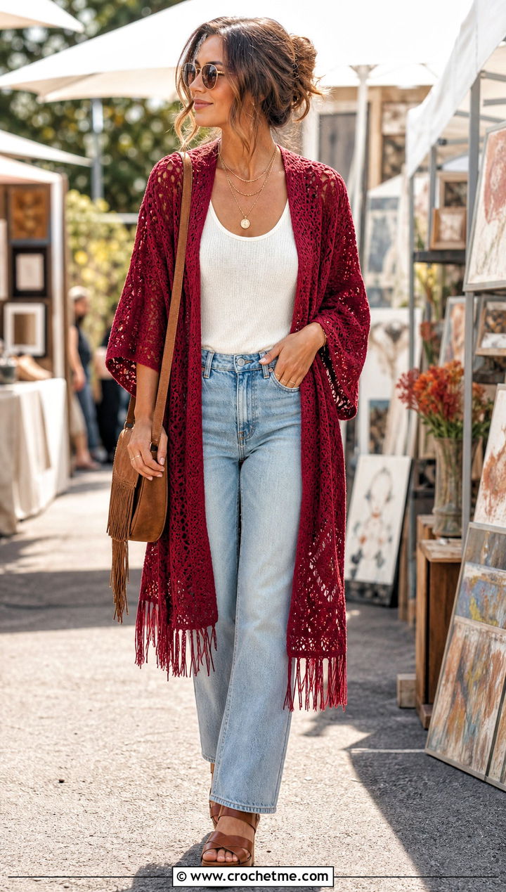 Red Crochet Kimono Cover Up With Tank And Jeans - 25 red crochet cover up outfit ideas
