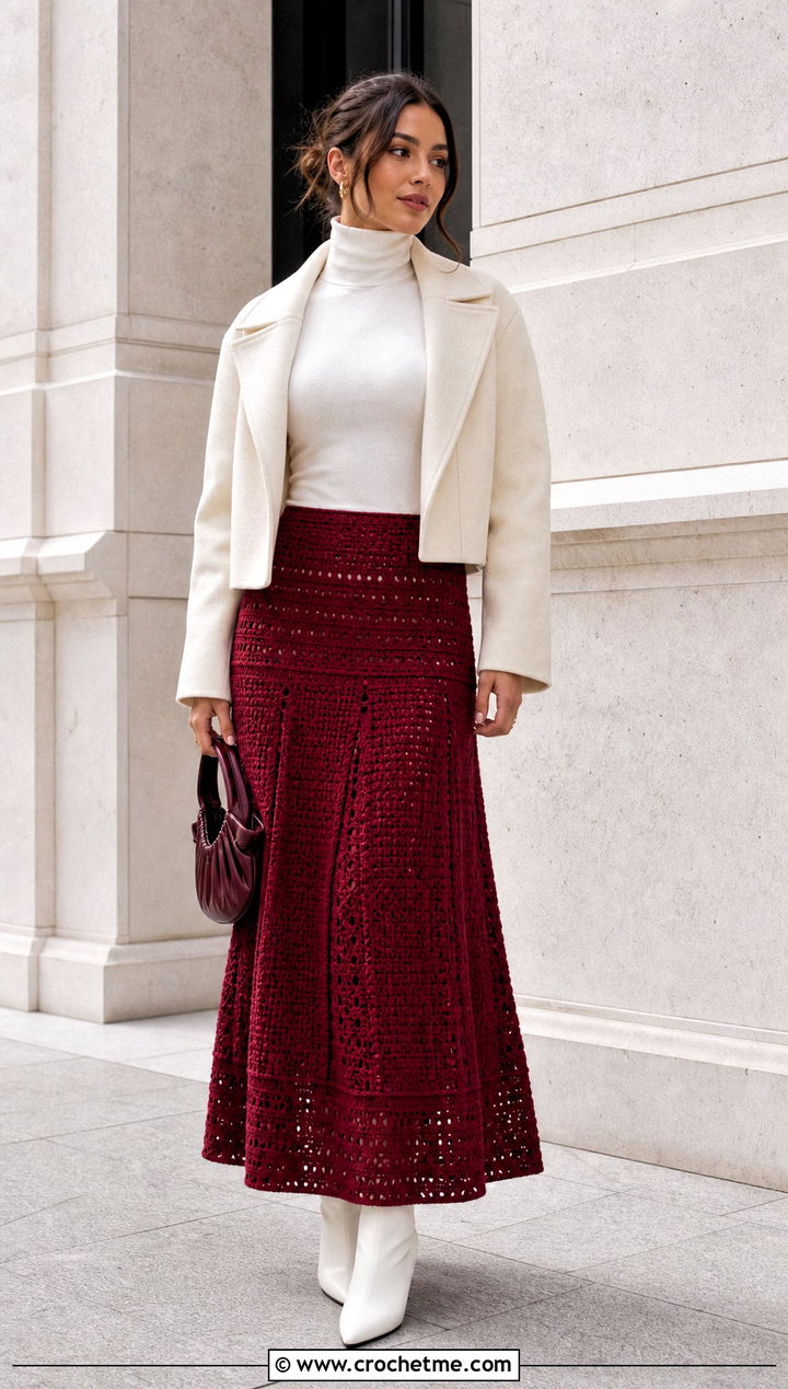 Red Crochet Maxi Skirt With White Turtleneck And Boots - 15 Red And White Crochet Holiday Outfit ideas