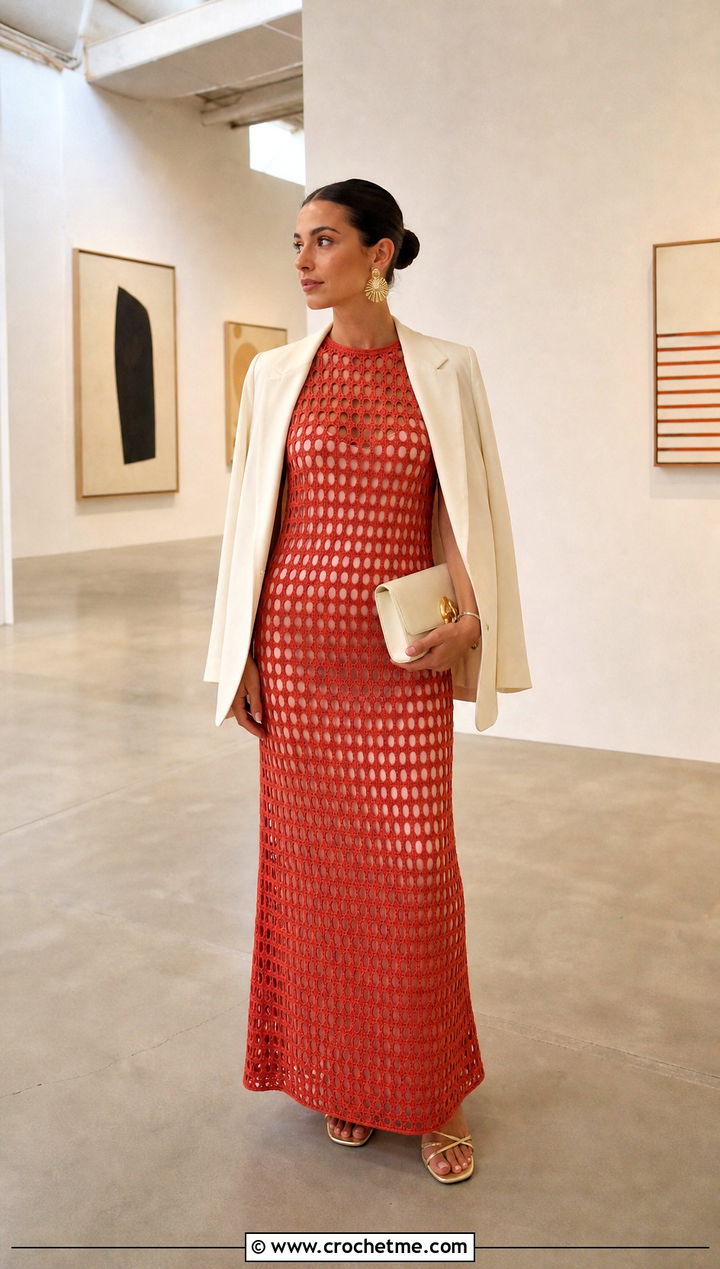 Red Crochet Mesh Maxi Dress With Satin Slip - 15 Red Crochet Dress Design outfit ideas