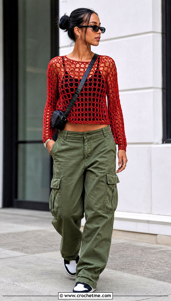 Red Crochet Mesh Top With Cargo Pants - 20 red crochet clothing and outfit ideas