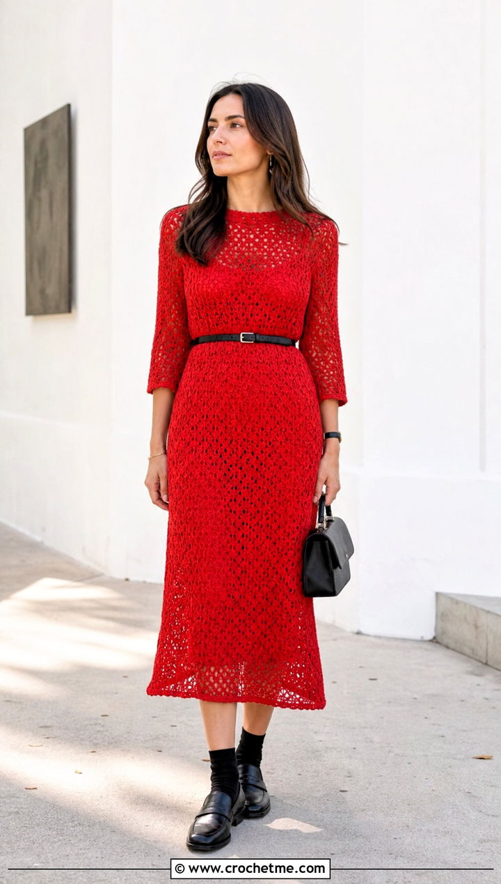 Red Crochet Midi Dress With Loafers - 15 red crochet clothing design outfit ideas