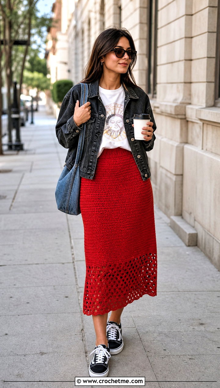 Red Crochet Midi Skirt With Graphic T Shirt - 20 red crochet clothing and outfit ideas