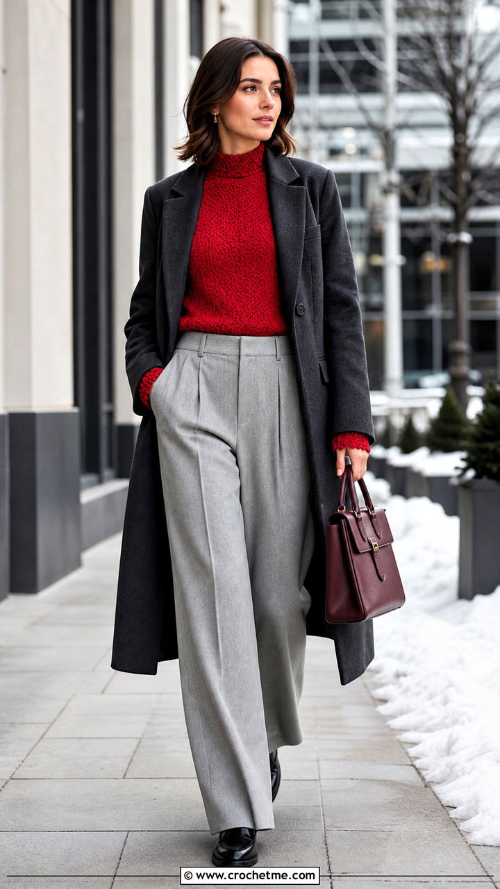 Red Crochet Mock Neck Top With Wool Trousers - 35 Red Crochet Top outfit ideas