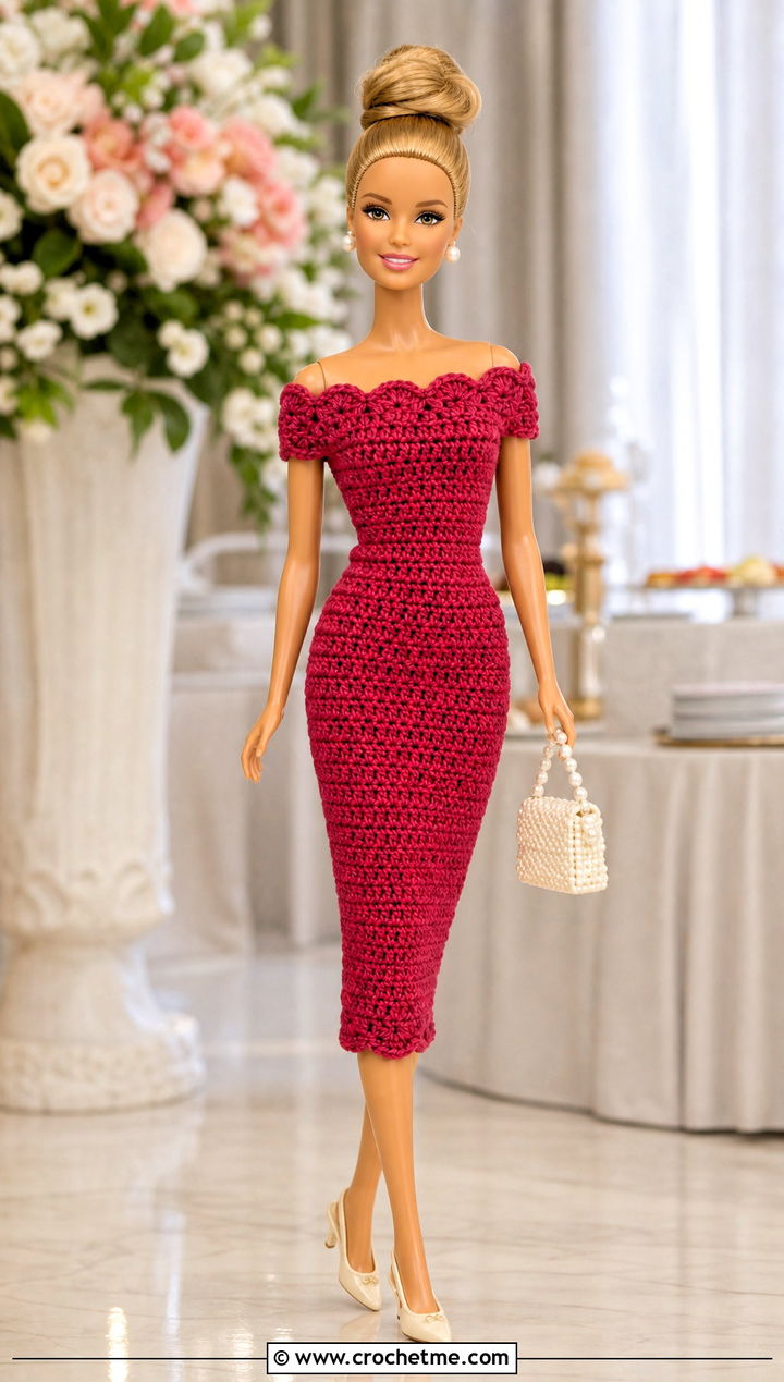 Red Crochet Off Shoulder Dress With Pearl Accessories - 15 crochet barbie dress red set outfit ideas