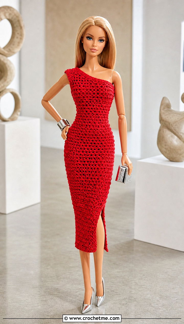 Red Crochet One Shoulder Dress With Metallic Heels - 15 crochet barbie dress red set outfit ideas