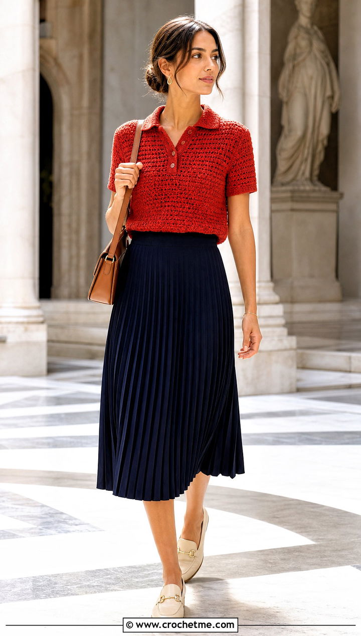 Red Crochet Polo Top With Pleated Midi Skirt - 15 handmade red crochet top outfit ideas