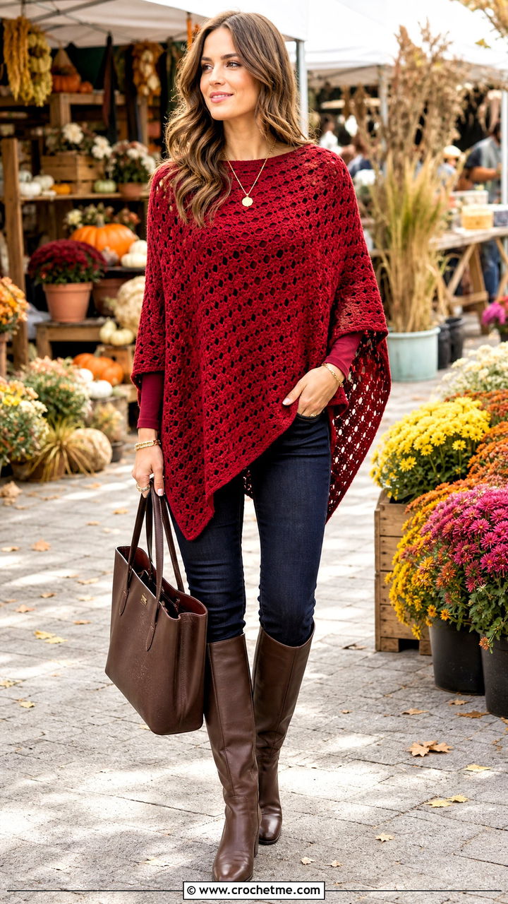 Red Crochet Poncho Top With Slim Jeans - 35 Red Crochet Top outfit ideas