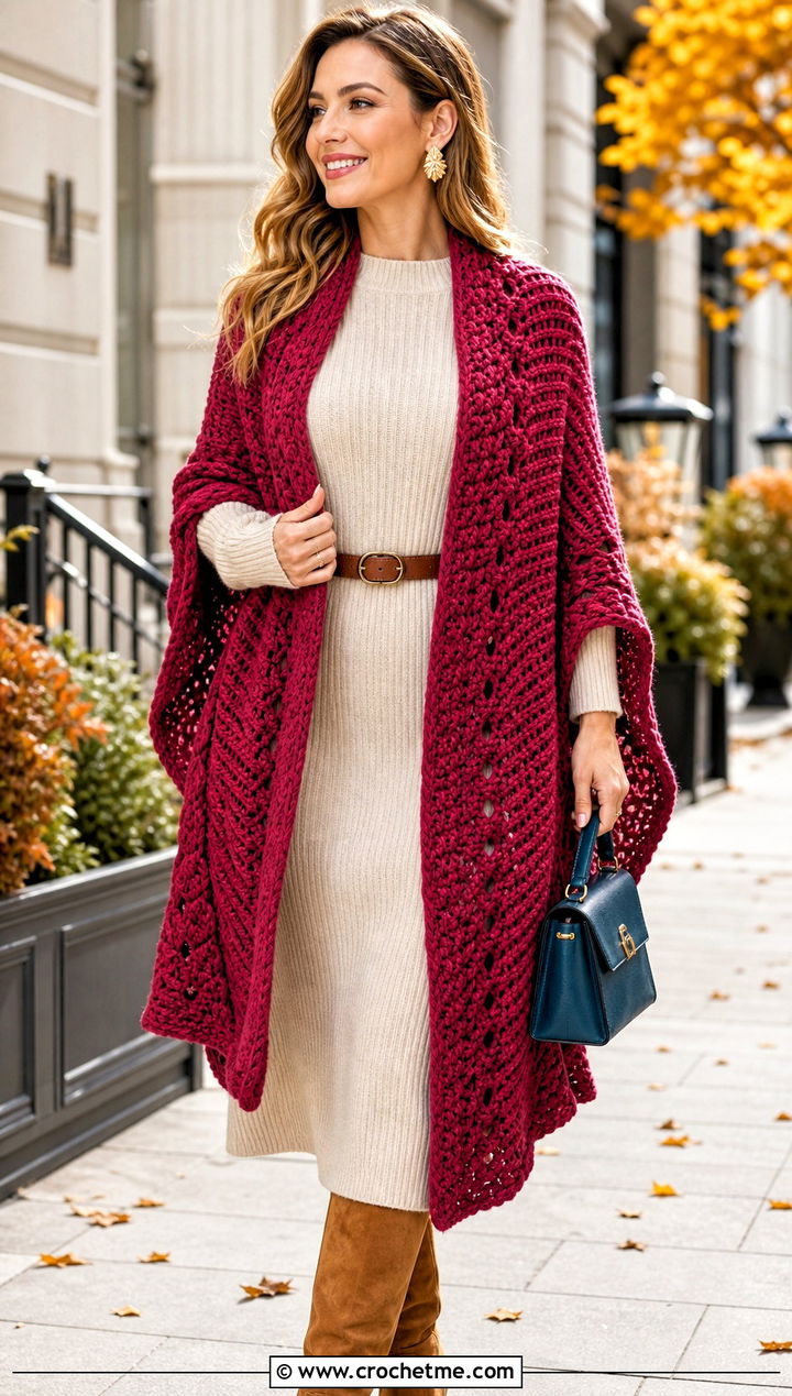 Red Crochet Ruana Shawl With Knit Dress - 15 Red Crocheted Shawl On Hanger outfit ideas