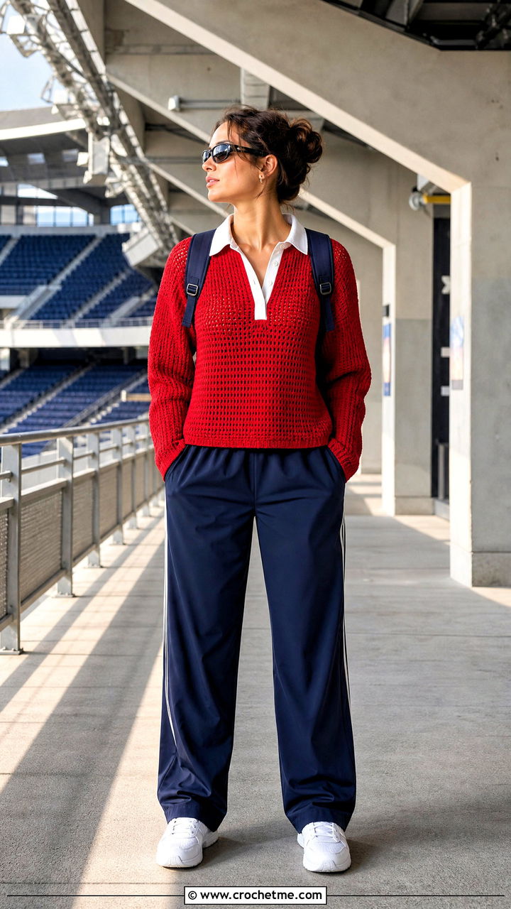 Red Crochet Rugby Top With Track Pants - 35 Red Crochet Top outfit ideas