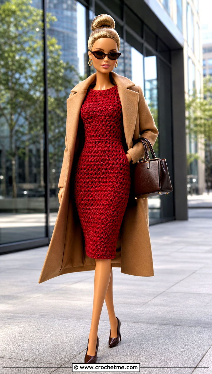 Red Crochet Sheath Dress With A Tailored Coat - 15 crochet barbie dress red set outfit ideas