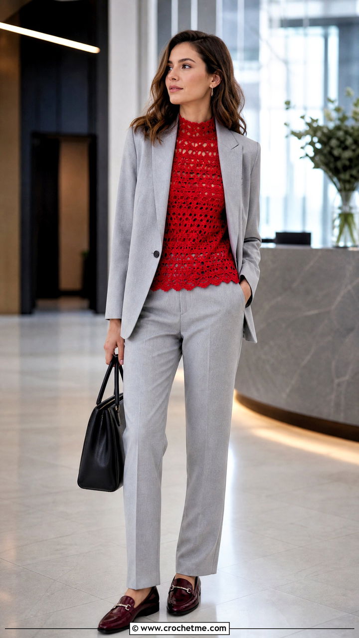 Red Crochet Shell Top With Trouser Suit - 35 Red Crochet Top outfit ideas