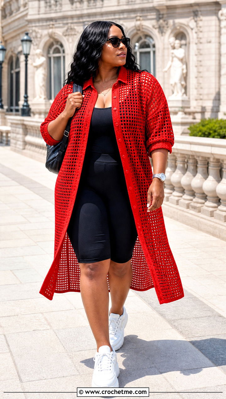 Red Crochet Shirt Dress Cover Up With Bike Shorts - 25 red crochet cover up outfit ideas