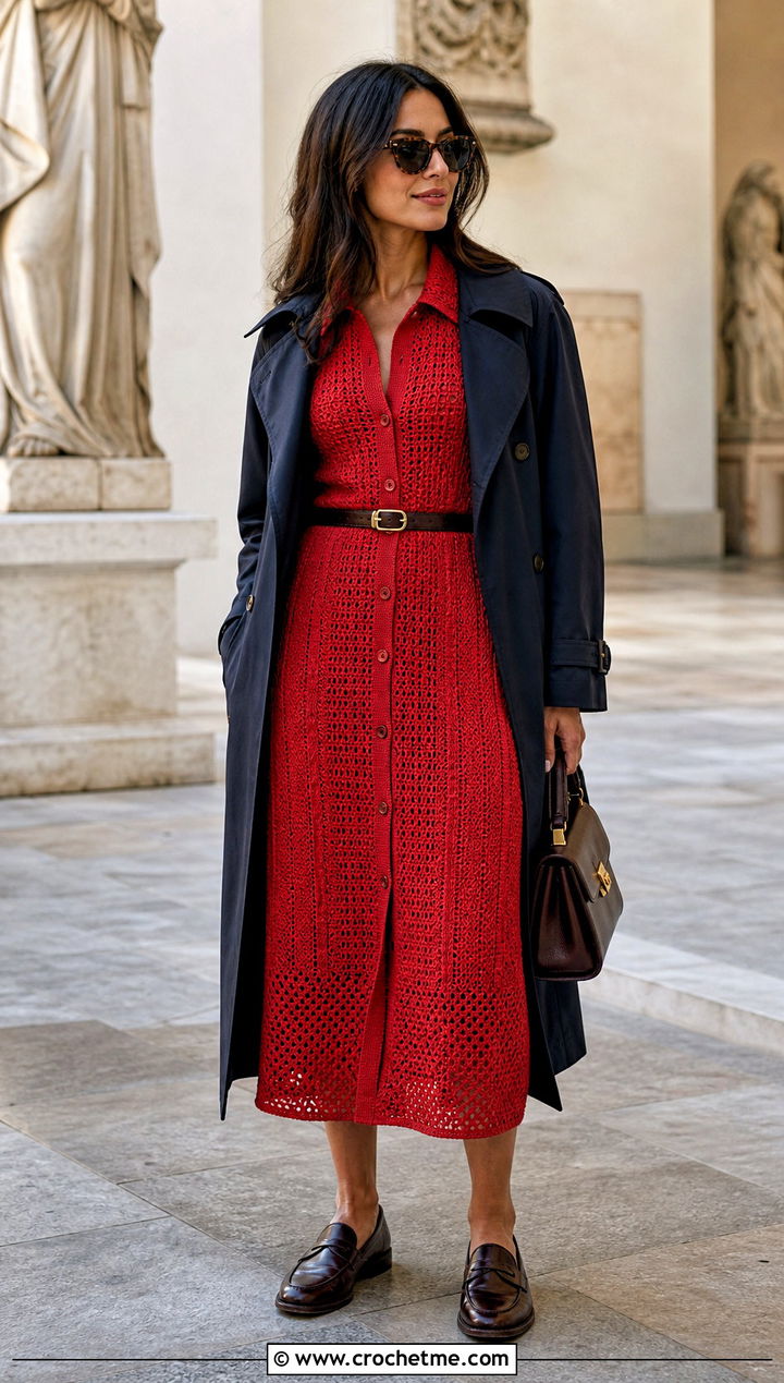 Red Crochet Shirt Dress With Loafers - 15 Red Crochet Dress Design outfit ideas