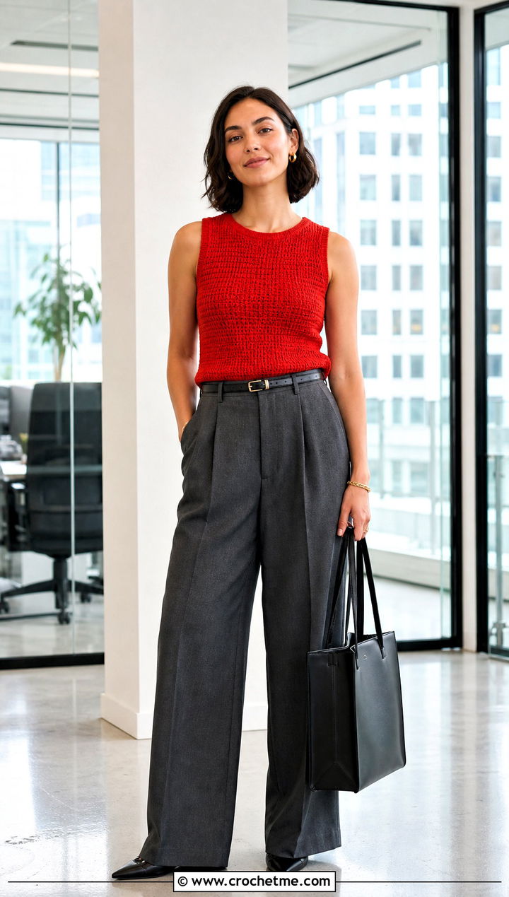 Red Crochet Sleeveless Shell With Tailored Trousers - 15 handmade red crochet top outfit ideas