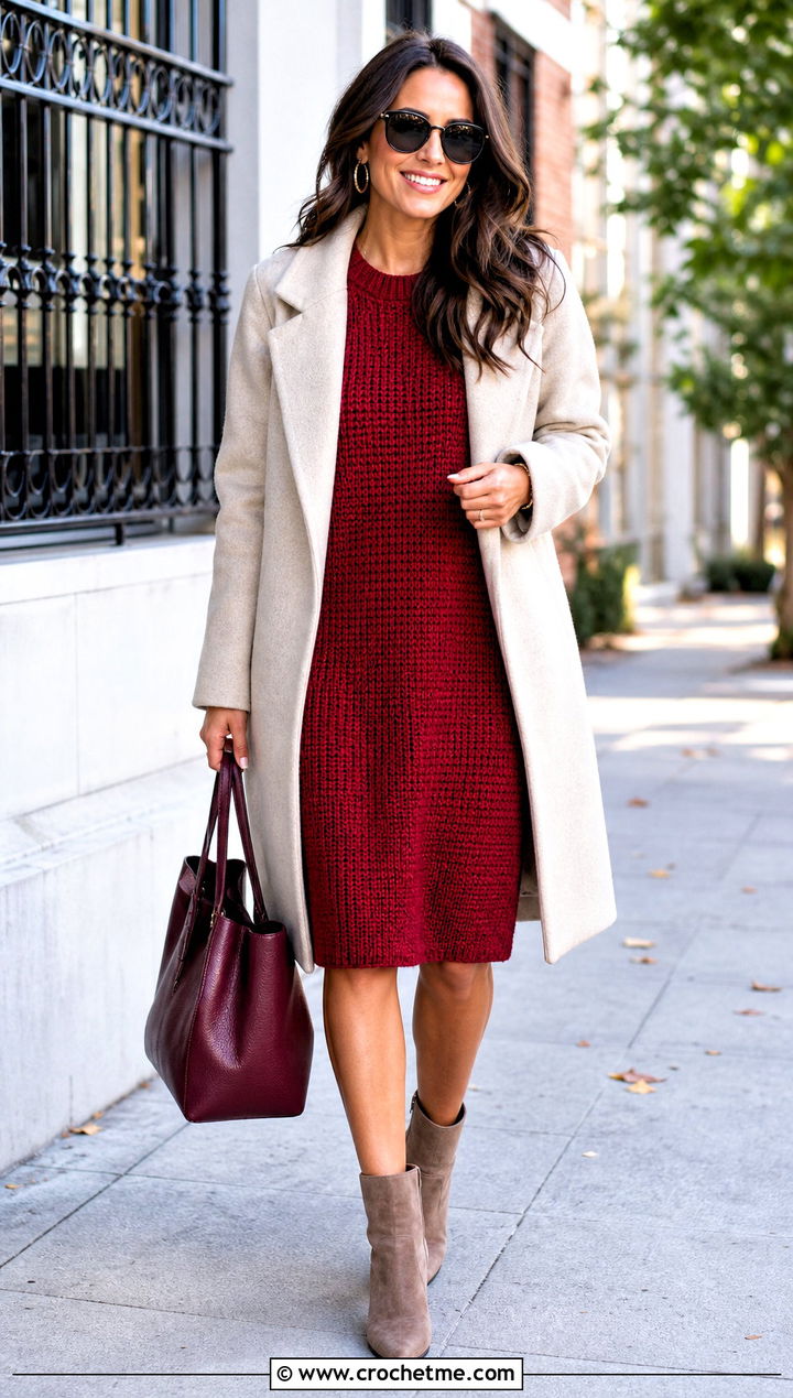 Red Crochet Sweater Dress With Suede Boots - 15 Red Crochet Dress Design outfit ideas