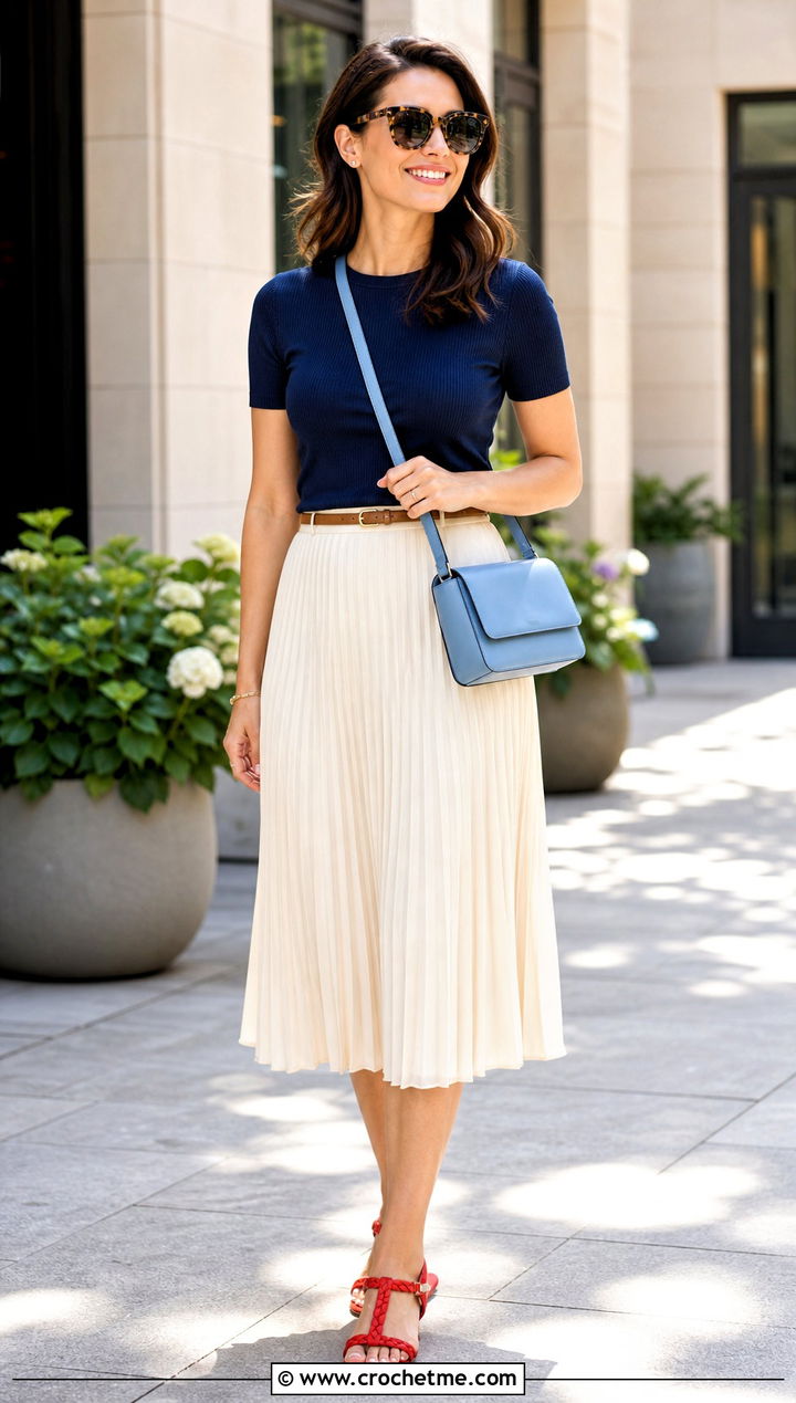 Red Crochet T Bar Sandals With A Pleated Midi Skirt - 15 Red Crochet Summer Sandals outfit ideas