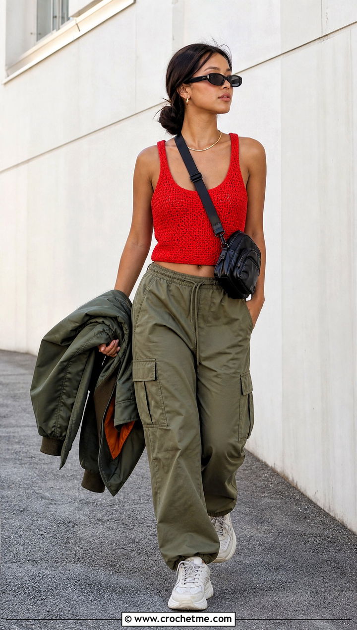 Red Crochet Tank Crop Top With Cargo Pants - 25 Red Crochet Crop Top outfit ideas