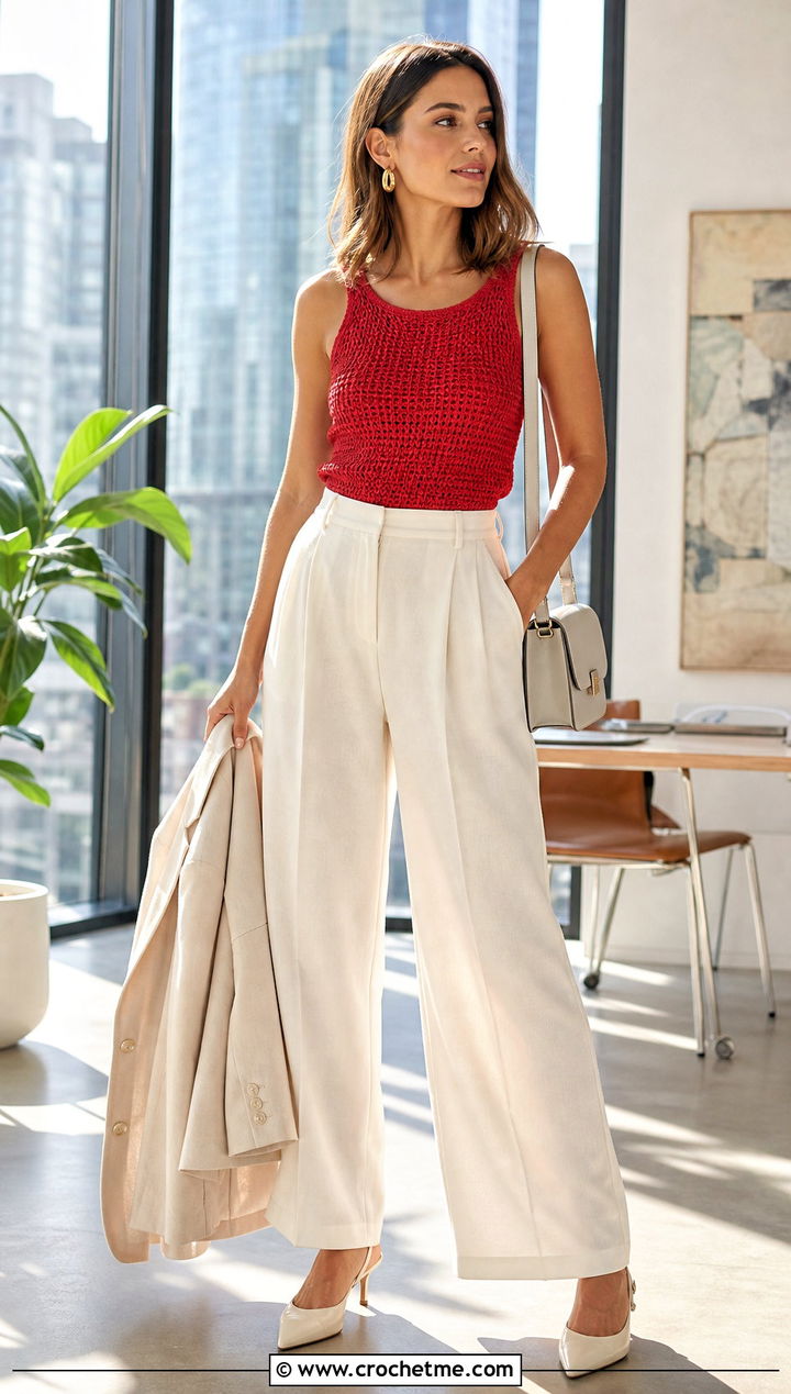 Red Crochet Tank Top With Wide Leg Trousers - 15 red crochet clothing design outfit ideas