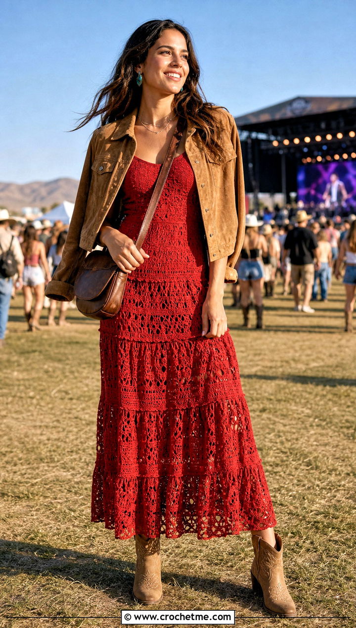 Red Crochet Tiered Sundress With Western Boots - 15 Red Crochet Dress Design outfit ideas