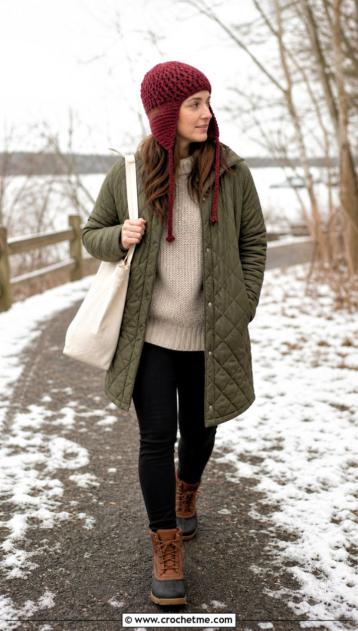 Red Crochet Trapper Hat With Quilted Coat - 35 red crochet hat outfit ideas