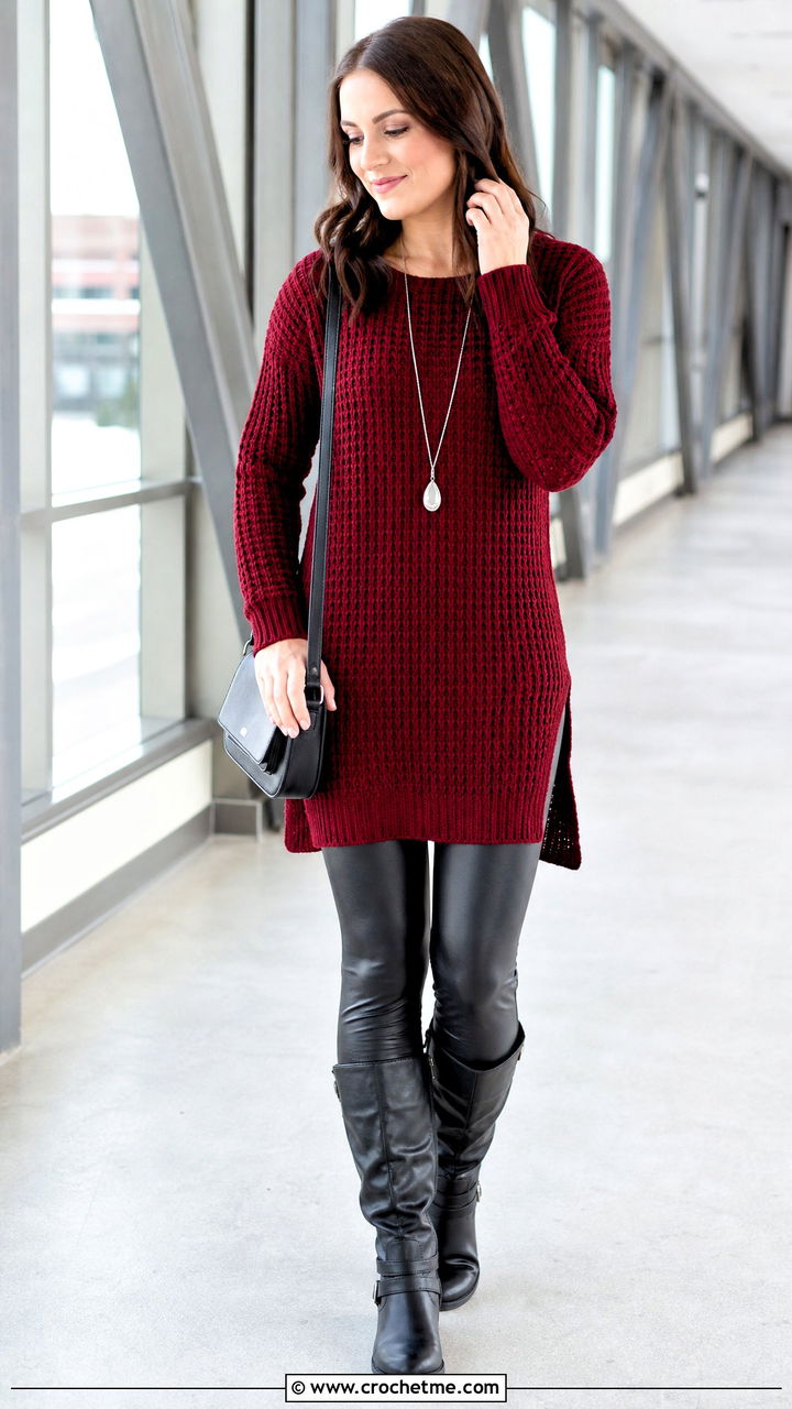 Red Crochet Tunic Sweater With Faux Leather Leggings - 35 red crochet sweater outfit ideas