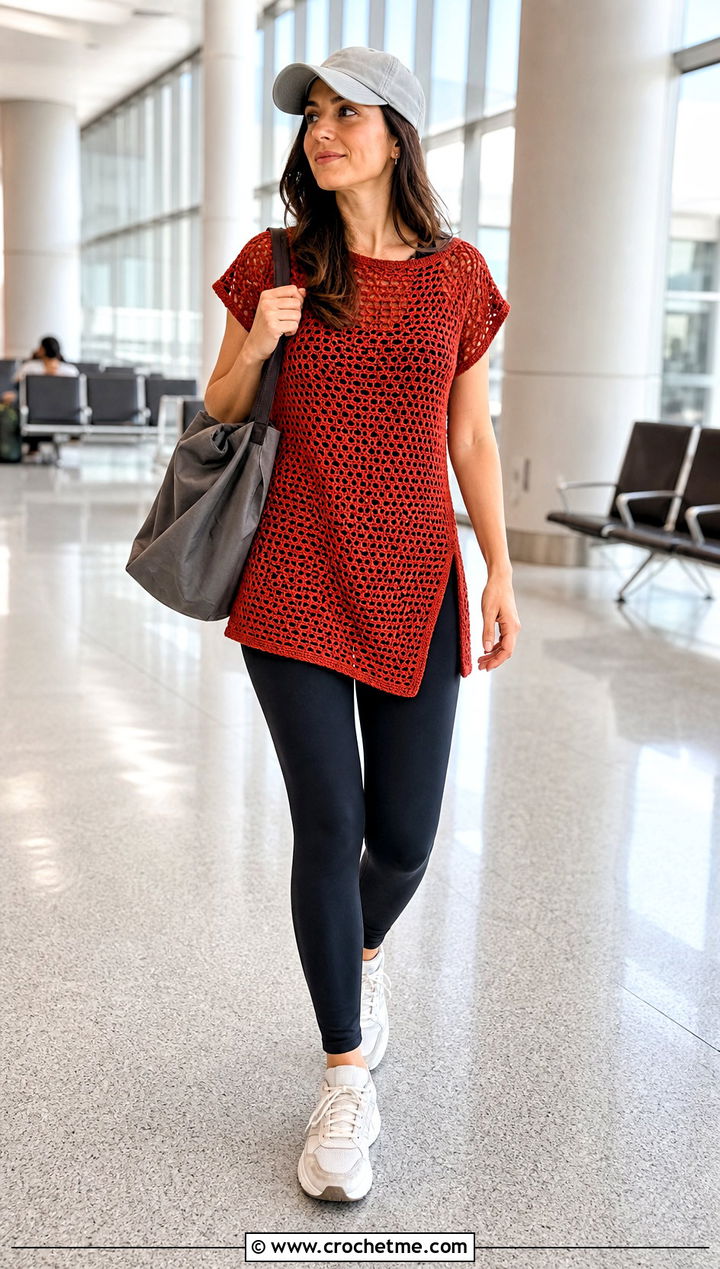 Red Crochet Tunic Top With Leggings And Sneakers - 15 handmade red crochet top outfit ideas