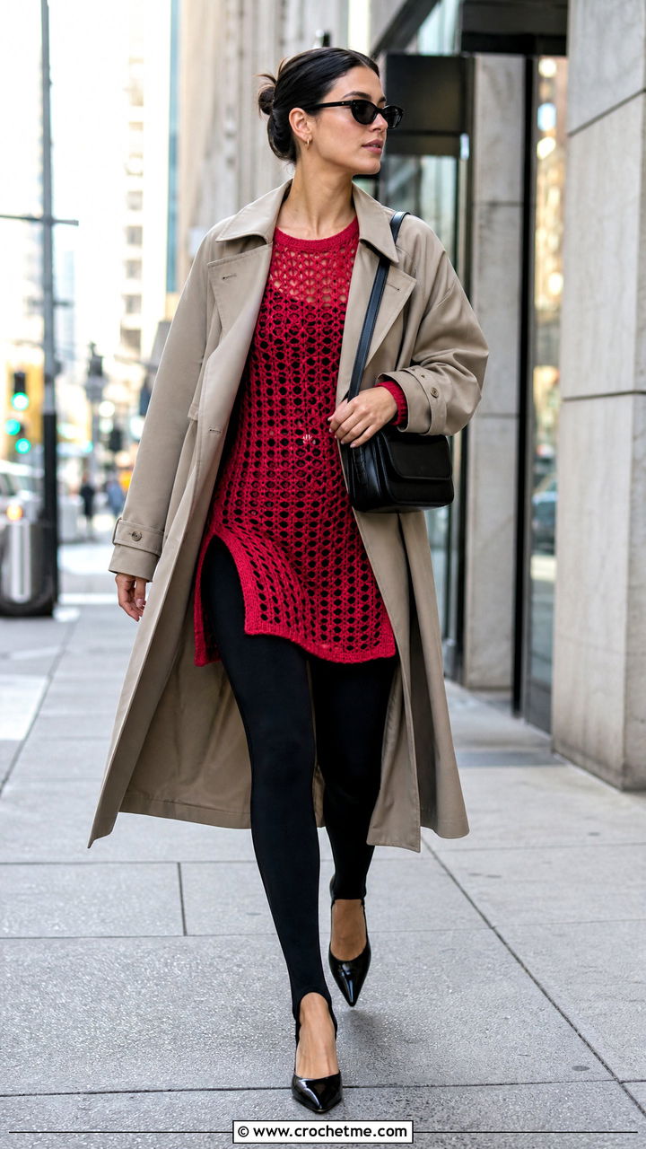 Red Crochet Tunic Top With Stirrup Leggings - 35 Red Crochet Top outfit ideas