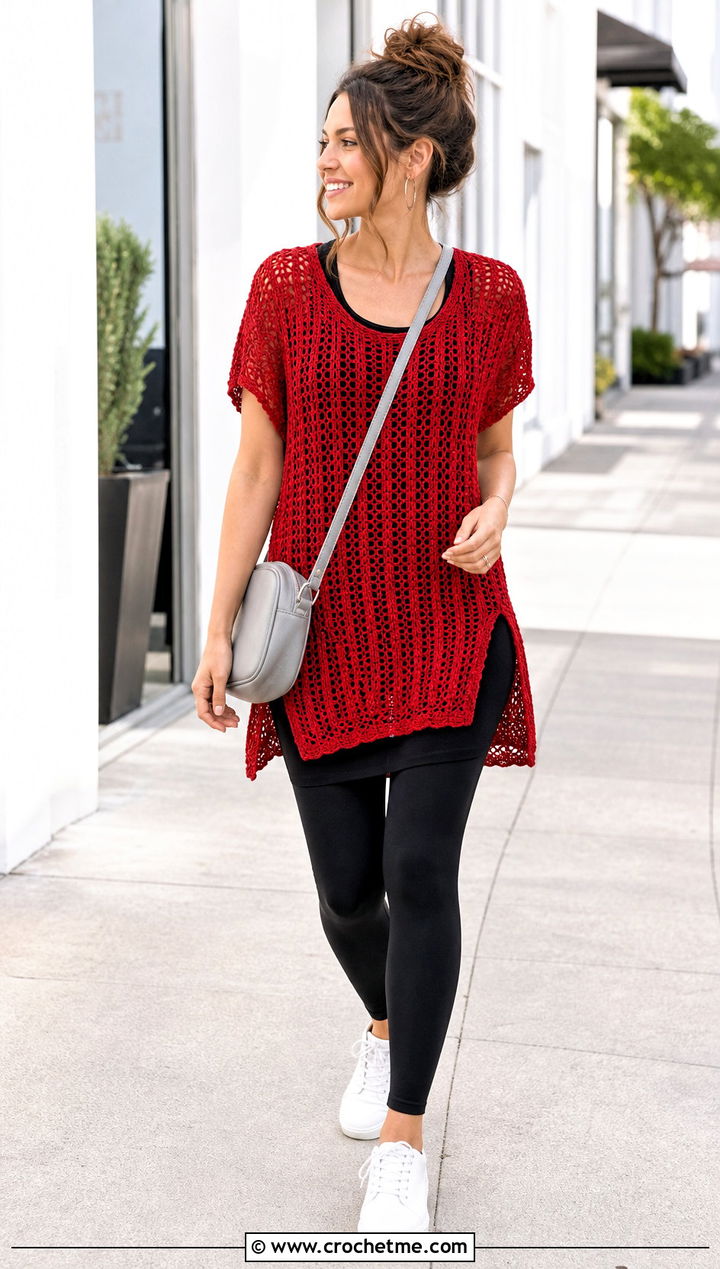 Red Crochet Tunic With Leggings And Sneakers - 15 red crochet clothing design outfit ideas