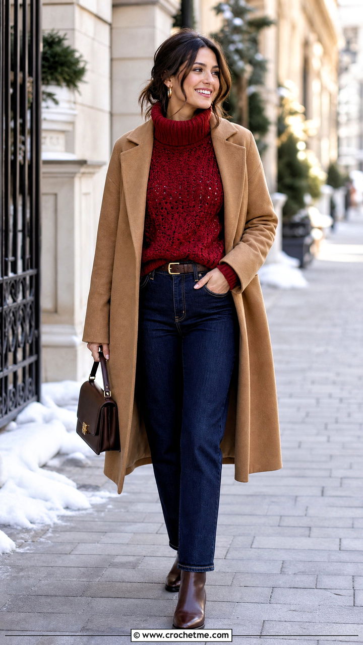 Red Crochet Turtleneck Sweater With Camel Coat And Dark Jeans - 35 red crochet sweater outfit ideas