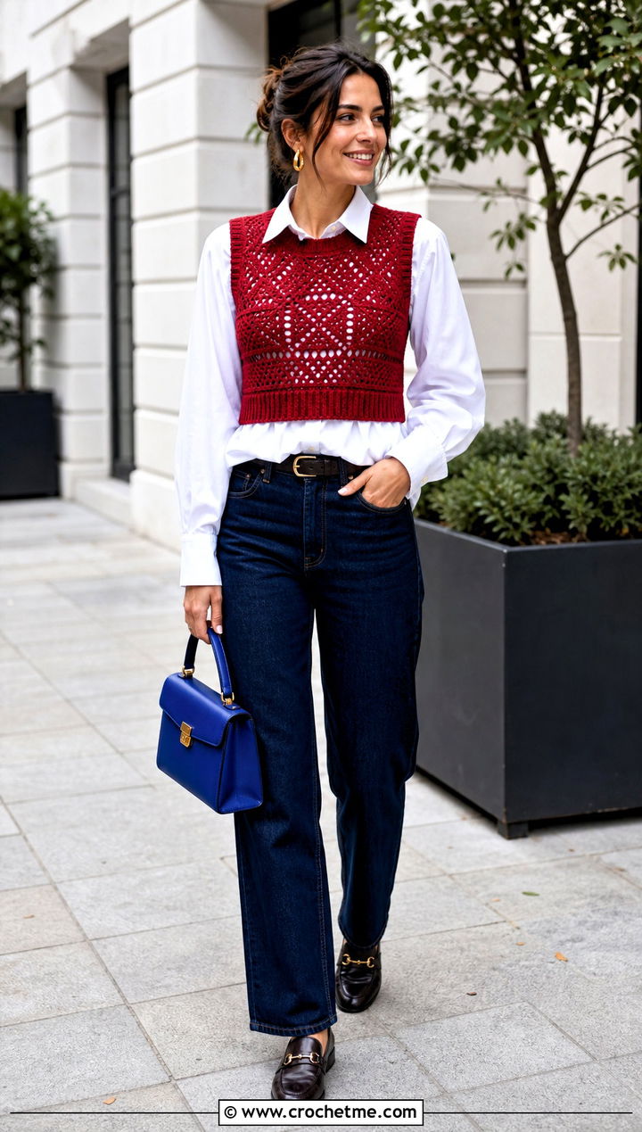 Red Crochet Vest Crop Top With Poplin Shirt - 25 Red Crochet Crop Top outfit ideas