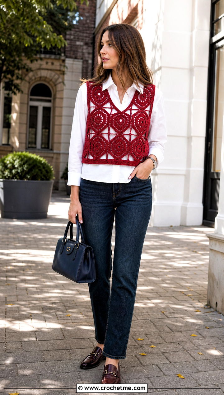 Red Crochet Vest Top With White Shirt And Jeans - 15 handmade red crochet top outfit ideas